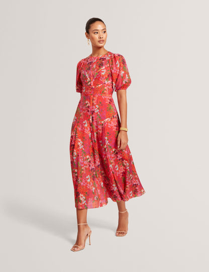 Ted Baker Sianna Blossom Print Puff Sleeve Aline Midi Dress Women's