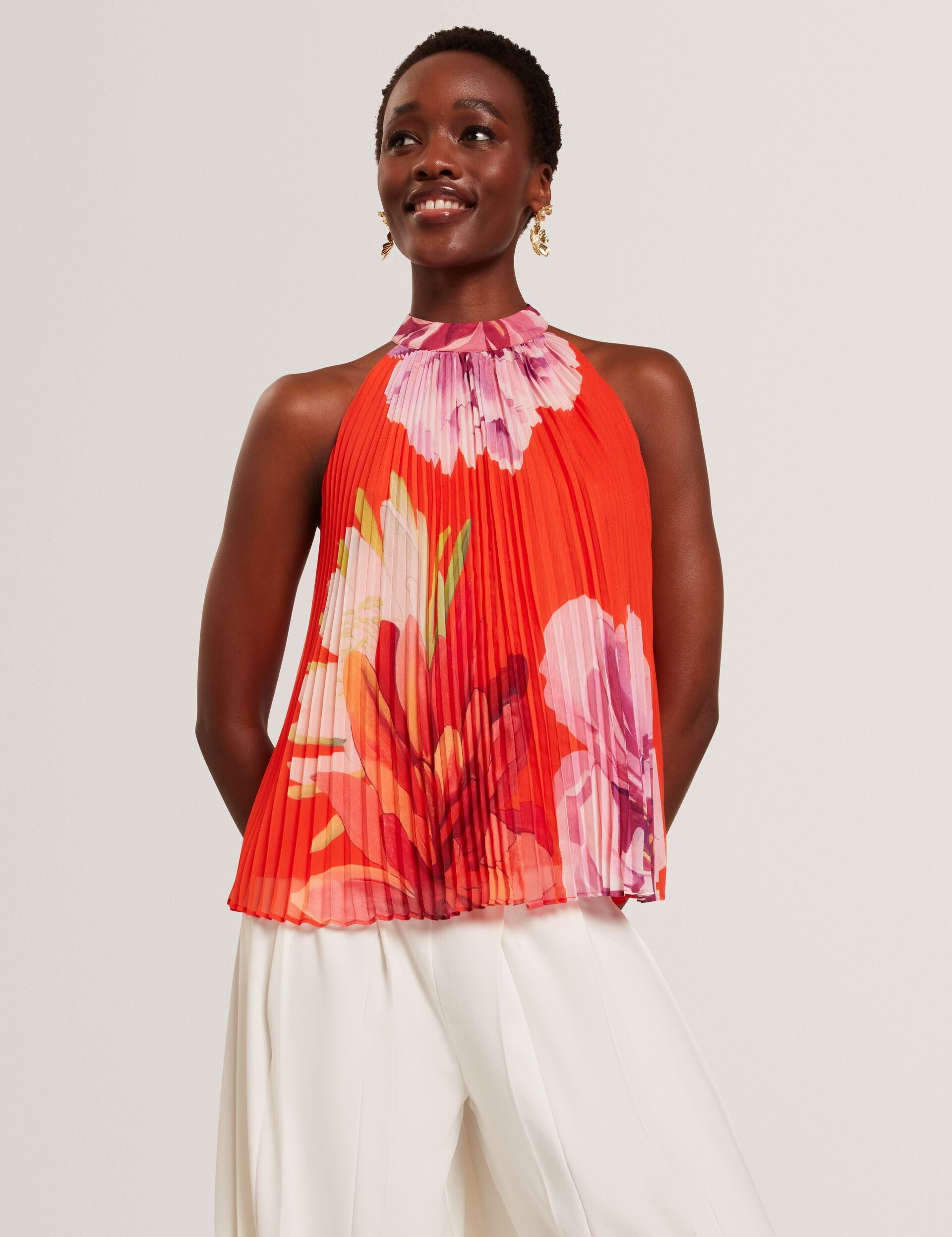 Ted Baker Clovina Floral Print Halter Neck Pleated Top Women's