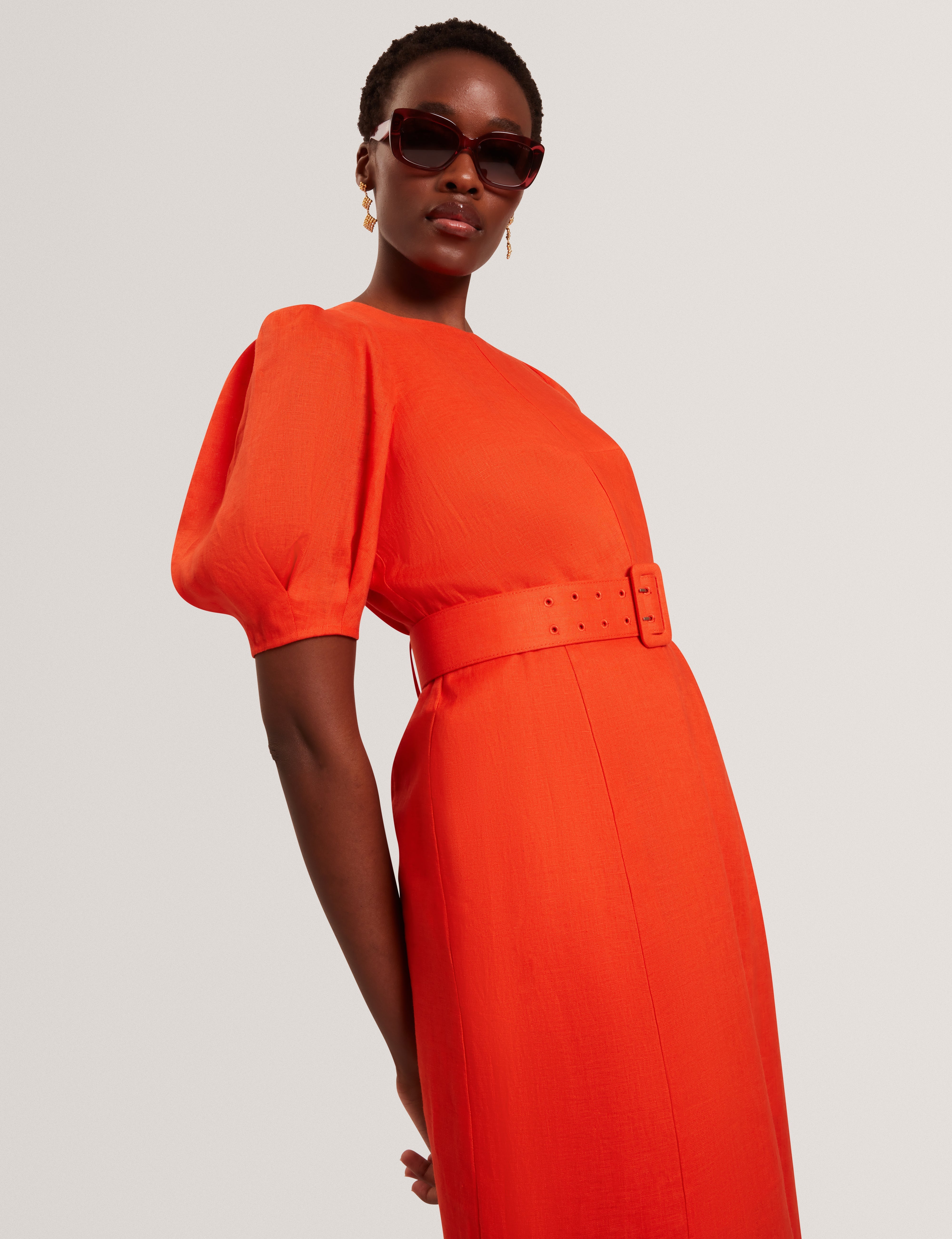 Ted Baker Rumbee Shaped Puff Sleeve Belted Linen Midi Dress Women's