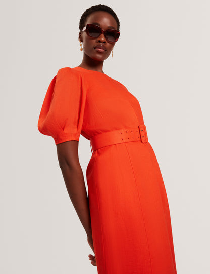 Ted Baker Rumbee Shaped Puff Sleeve Belted Linen Midi Dress Women's