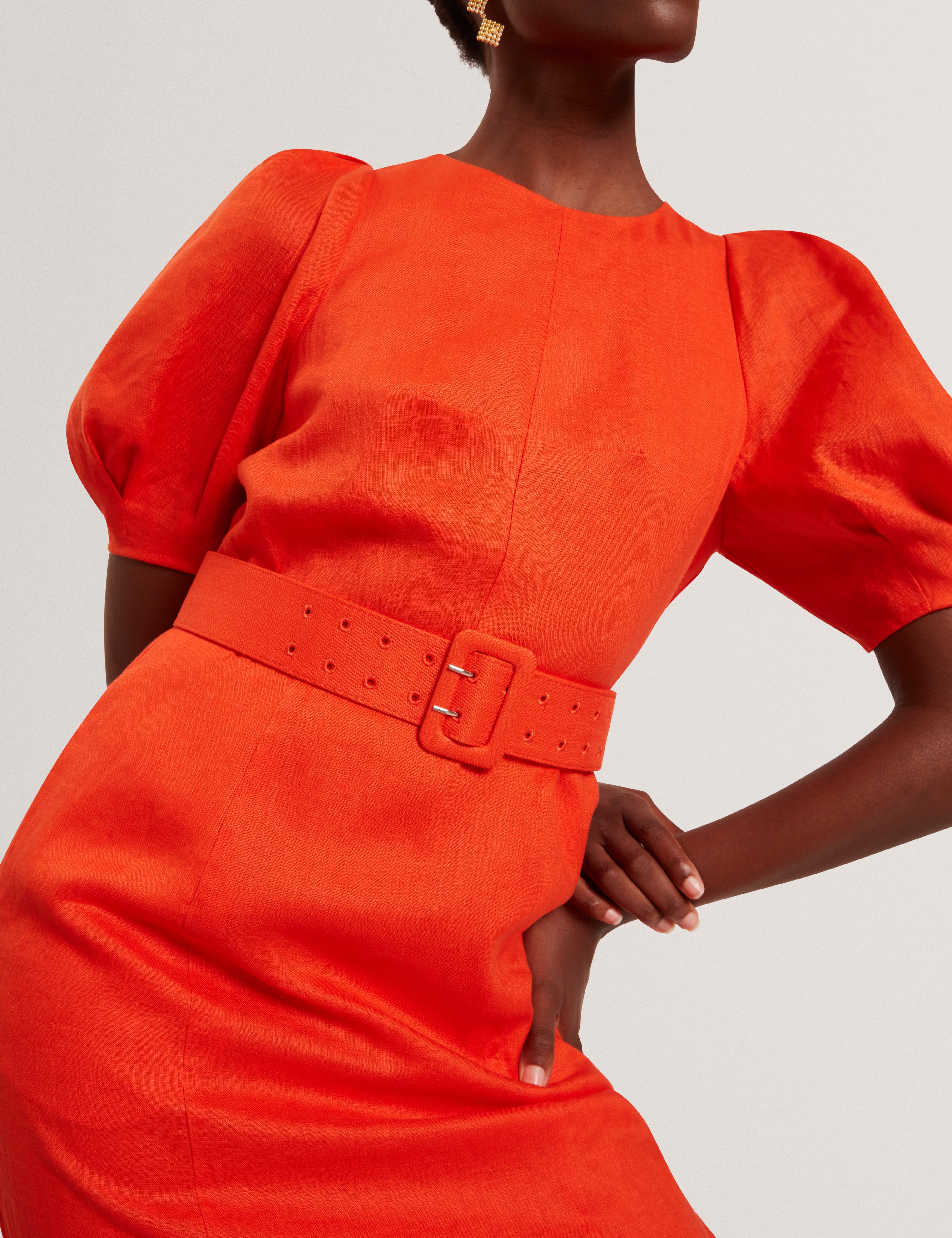 Ted Baker Rumbee Shaped Puff Sleeve Belted Linen Midi Dress Women's