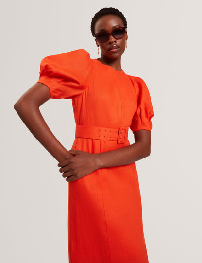 Ted Baker Rumbee Shaped Puff Sleeve Belted Linen Midi Dress Women's