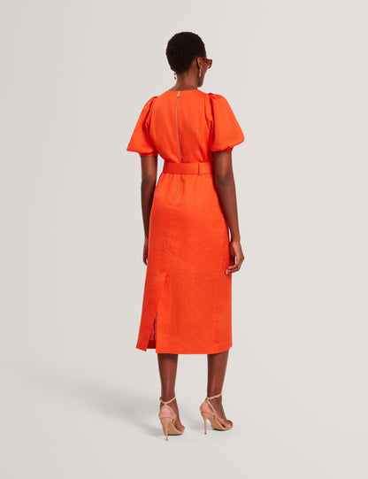 Ted Baker Rumbee Shaped Puff Sleeve Belted Linen Midi Dress Women's
