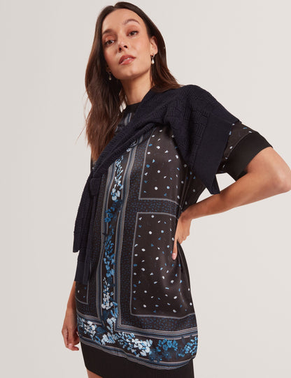 Ted Baker Azzala Blue Scarf Print Knitted Boxy Tshirt Dress Women's