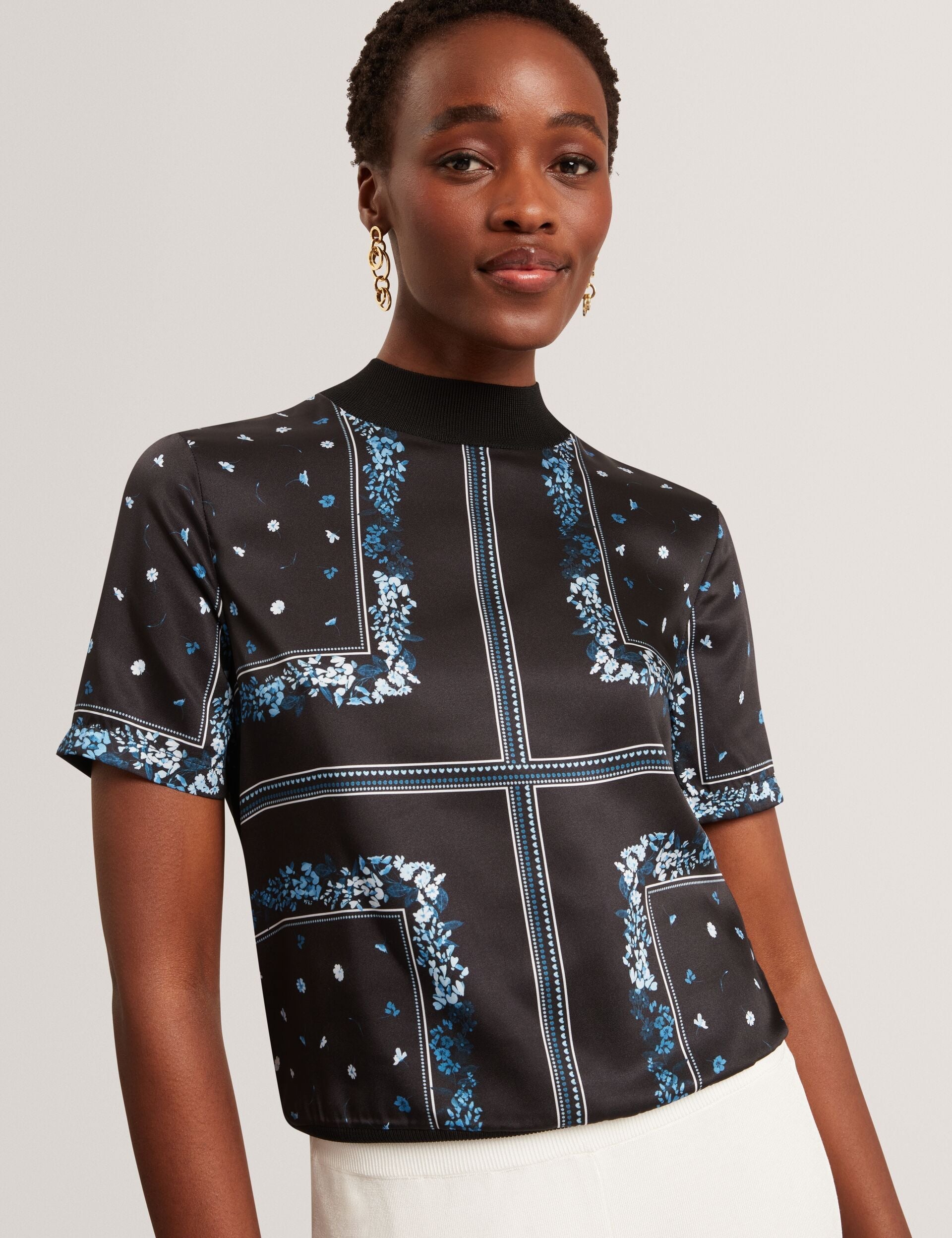 Ted Baker Almaaz Scarf Print Knitted Short Sleeve Top Women's