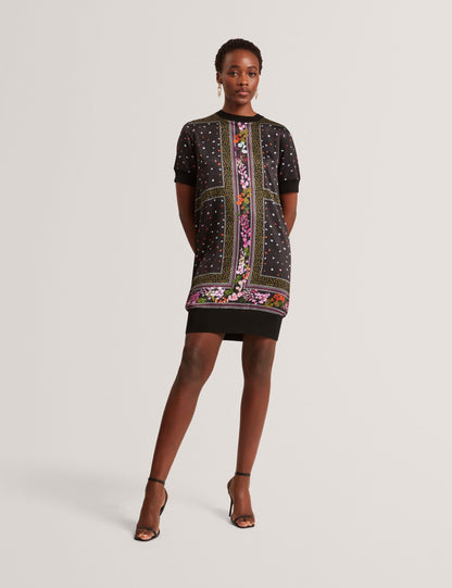 Ted Baker Debhie Scarf Print Front Knitted Tshirt Dress Women's