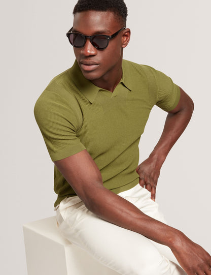 Ted Baker Aindrea Green Textured Rib Open Neck Knitted Polo Shirt