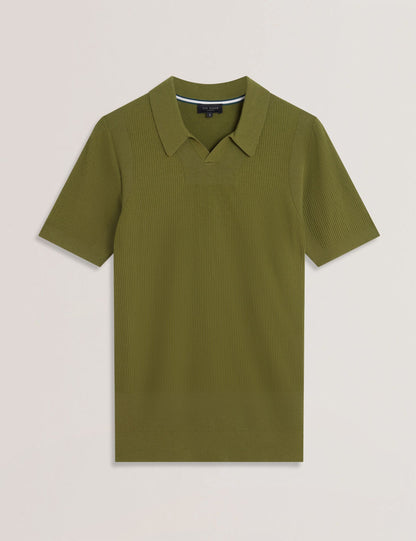 Ted Baker Aindrea Green Textured Rib Open Neck Knitted Polo Shirt