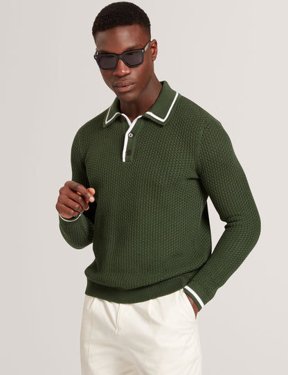 Ted Baker Brucei Textured Knit Stripe Trim Long Sleeve Polo