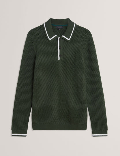 Ted Baker Brucei Textured Knit Stripe Trim Long Sleeve Polo