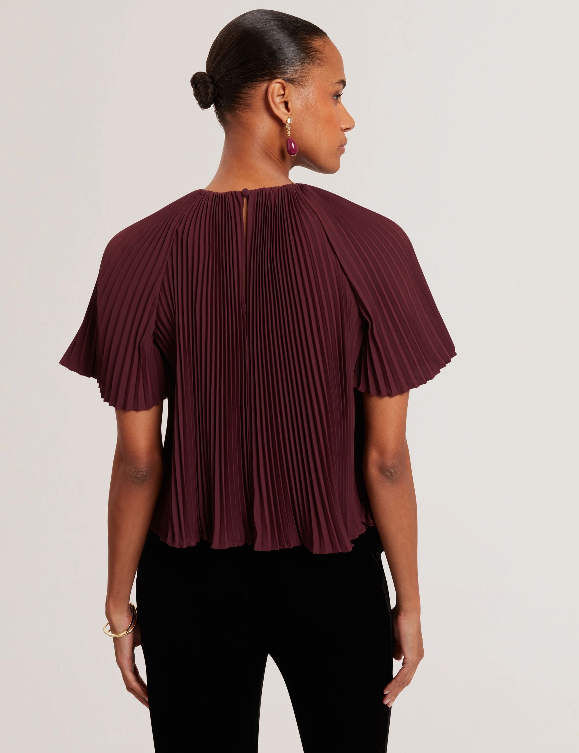 Ted Baker Agara Pleated Flowy Short Sleeve Blouse In Oxblood Women's