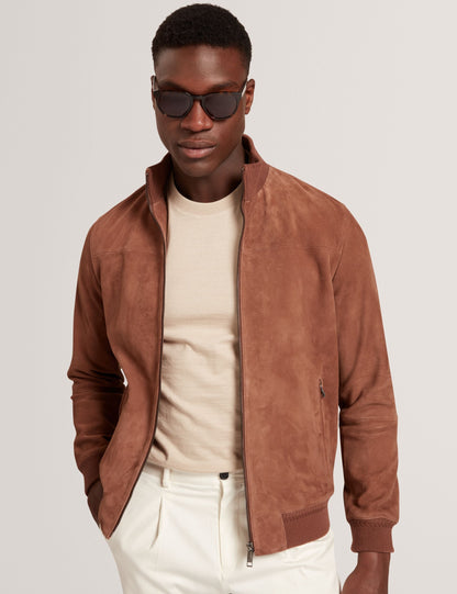 Ted Baker Peveril Brown Suede Funnel Neck Bomber Jacket