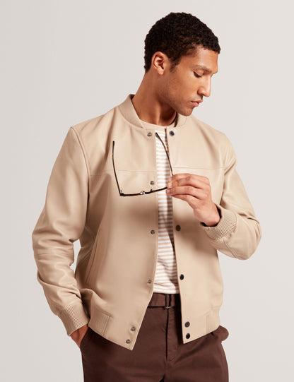 Ted Baker Leeams Taupe Leather Classic Bomber Jacket