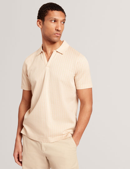 Ted Baker Matejo Taupe Mini Check Open Neck Cotton Polo Shirt