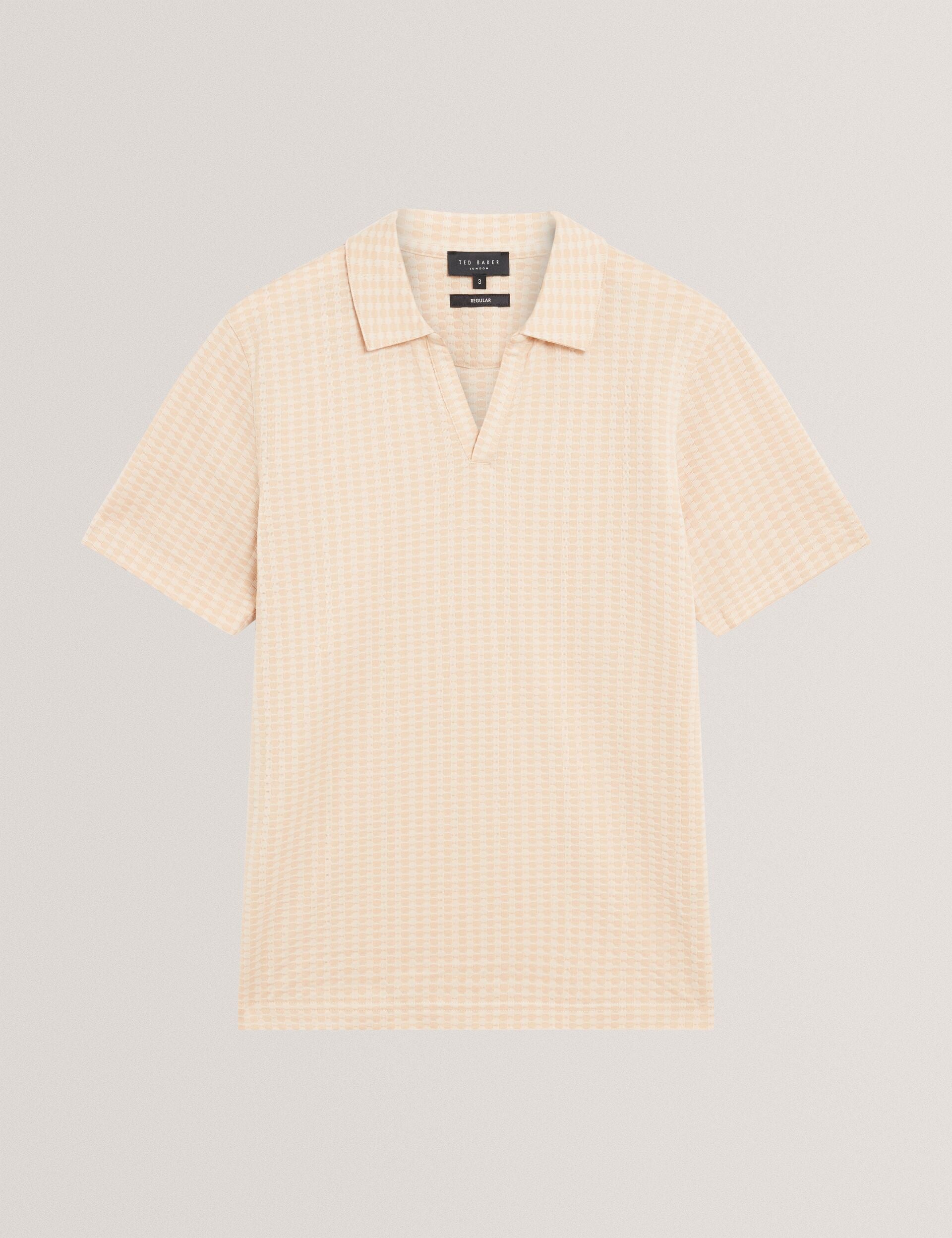 Ted Baker Matejo Taupe Mini Check Open Neck Cotton Polo Shirt