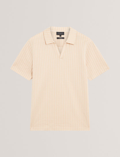 Ted Baker Matejo Taupe Mini Check Open Neck Cotton Polo Shirt