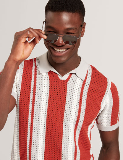 Ted Baker Ealings Striped Pointelle Knit Cotton Polo Shirt