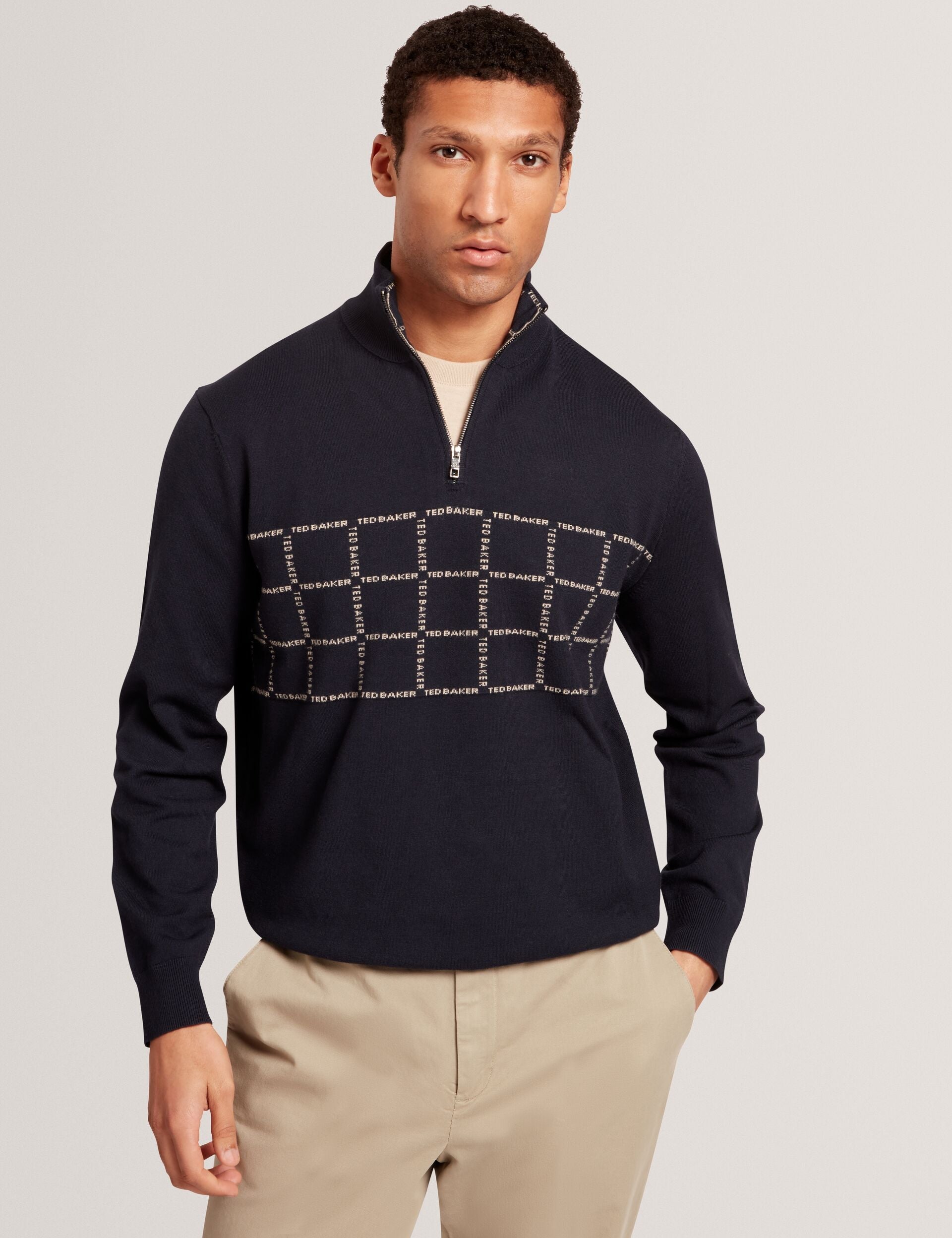 Ted Baker Robinsn Branded Check Panel Half Zip Jumper