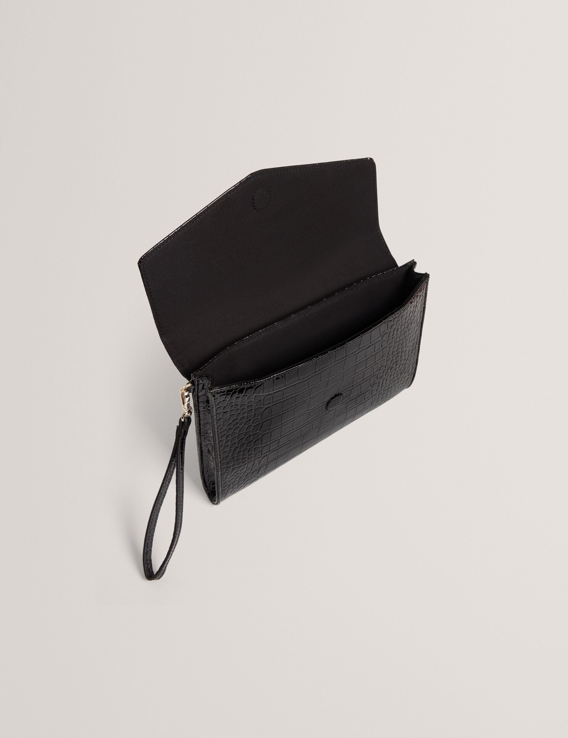 Ted Baker Crocey Patent Croc Effect Envelope Clutch Bag In Jet Black Women's