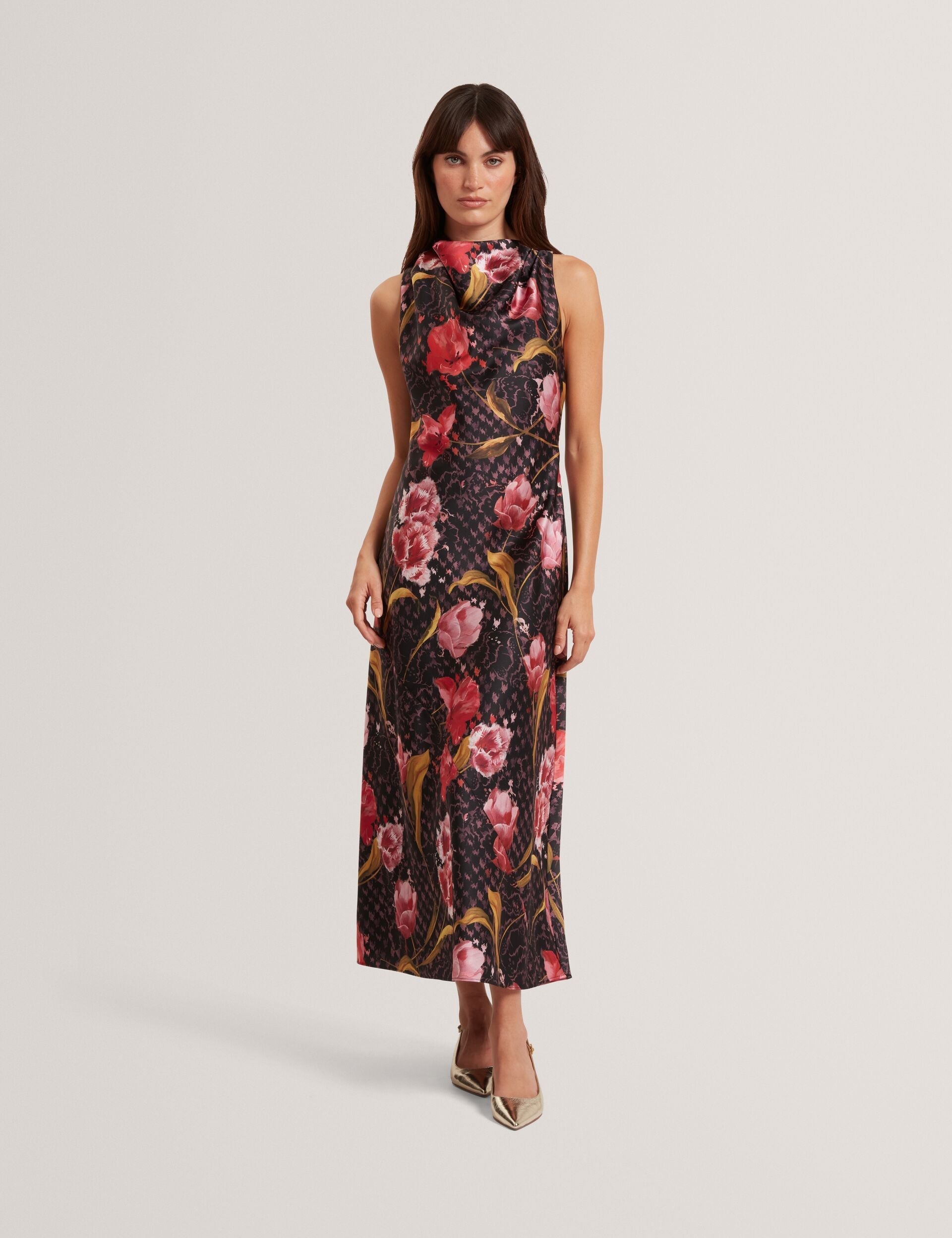 Ted Baker Twilli Floral Check Cowl Neck Satin Midi Dress Women's