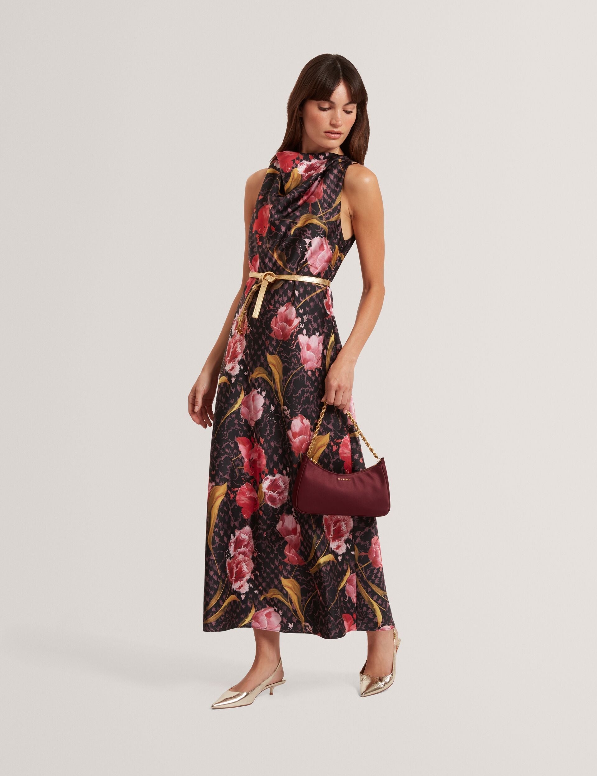 Ted Baker Twilli Floral Check Cowl Neck Satin Midi Dress Women's