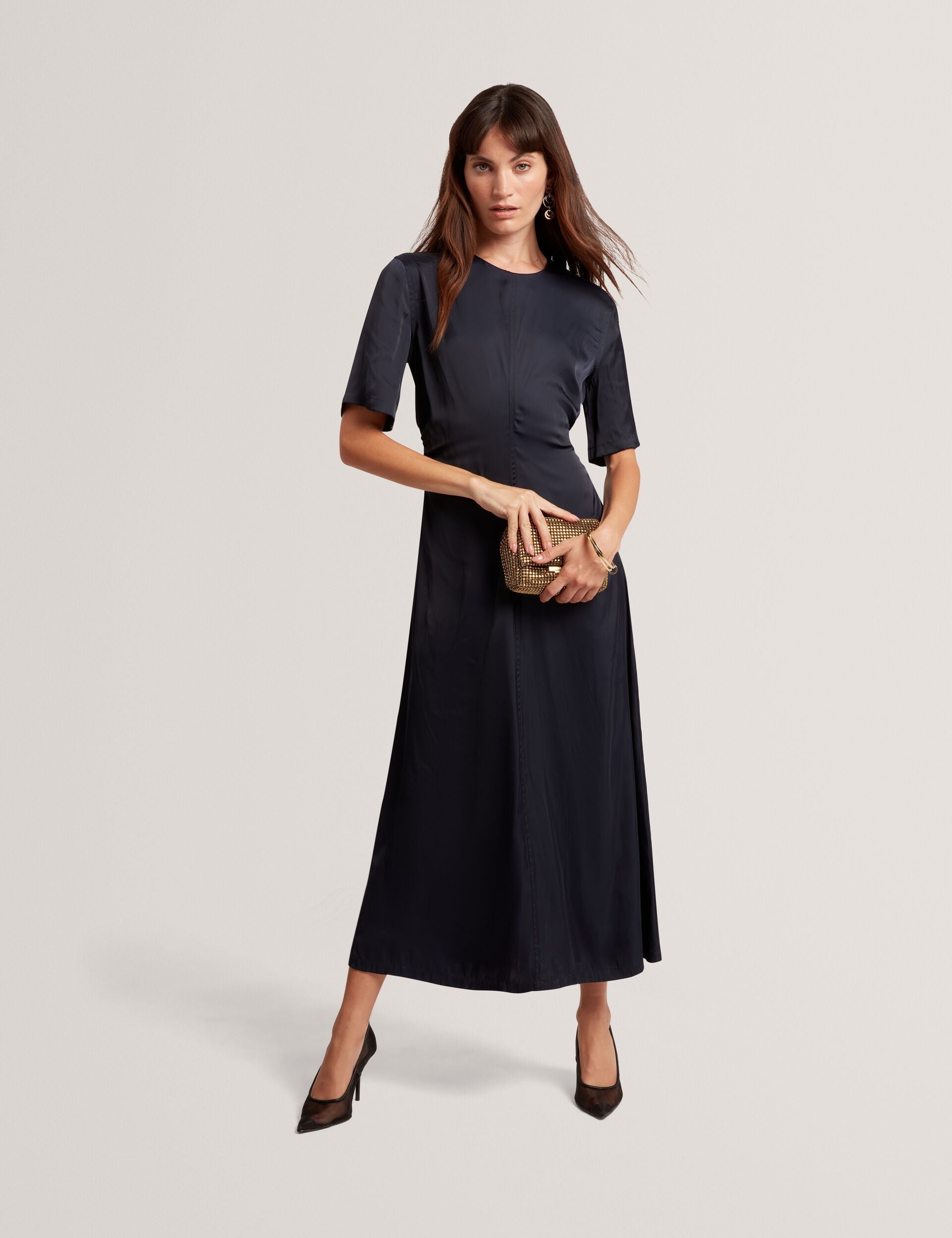 Ted Baker Plumma Satin Ruched Waist Short Sleeve Midi Dress Women's