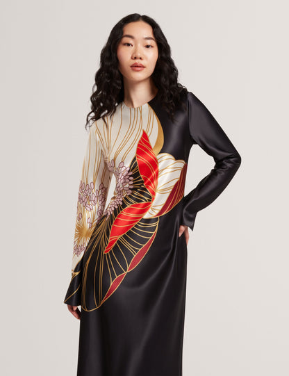 Ted Baker Ziara Floral Graphic Long Sleeve Satin Midi Dress Women's