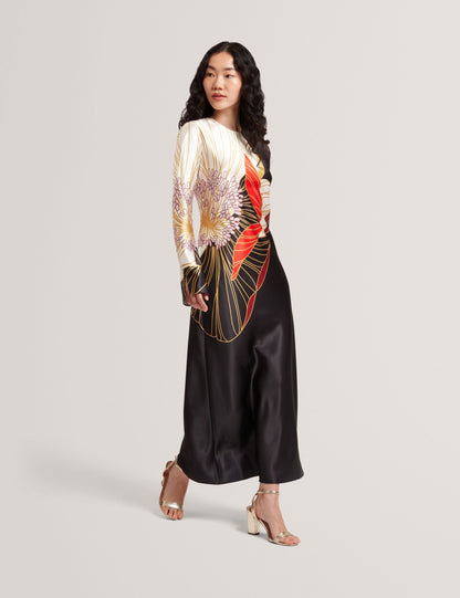 Ted Baker Ziara Floral Graphic Long Sleeve Satin Midi Dress Women's