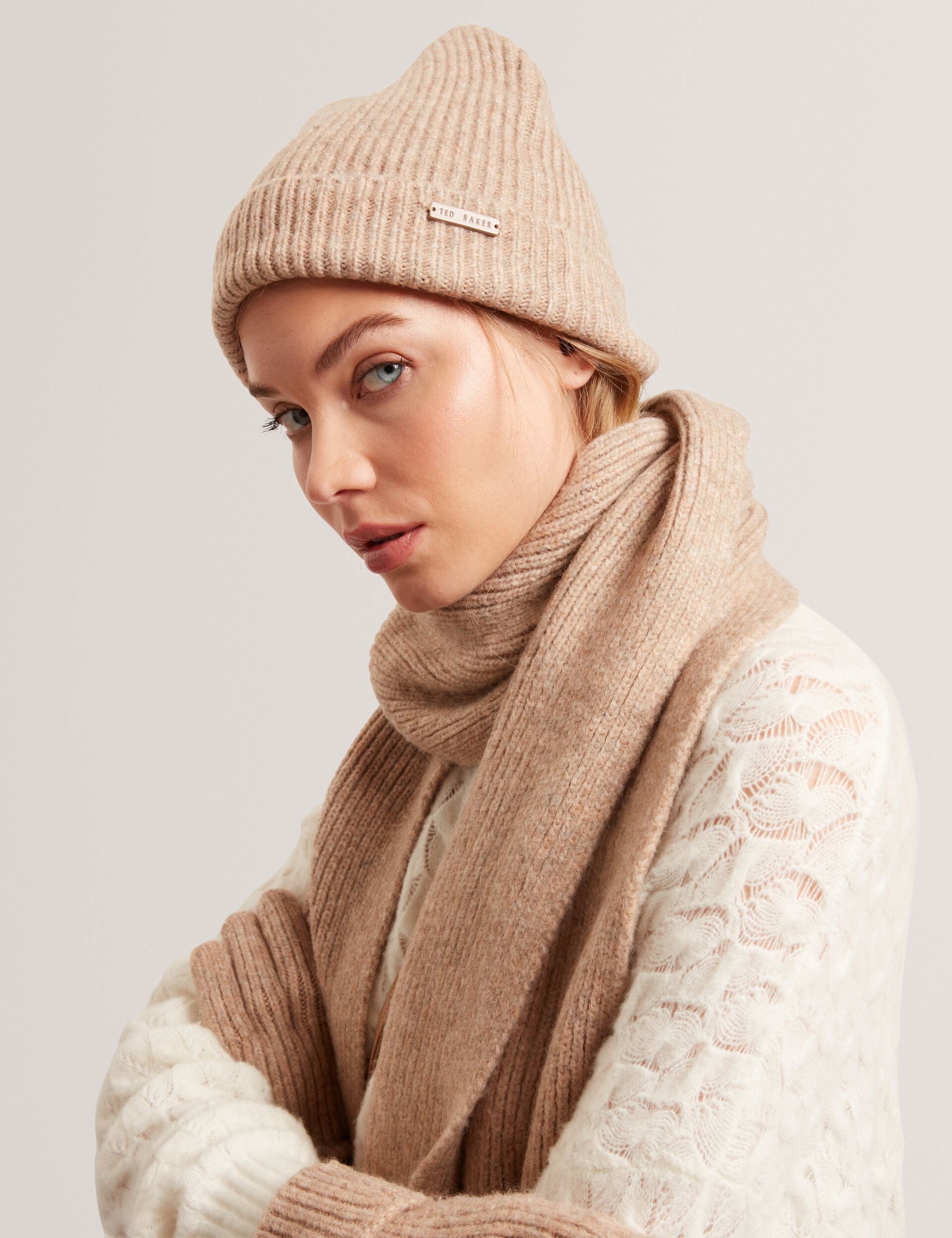 Ted Baker Lidiaas Wool Blend Ribbed Knit Beanie Hat In Camel Women's