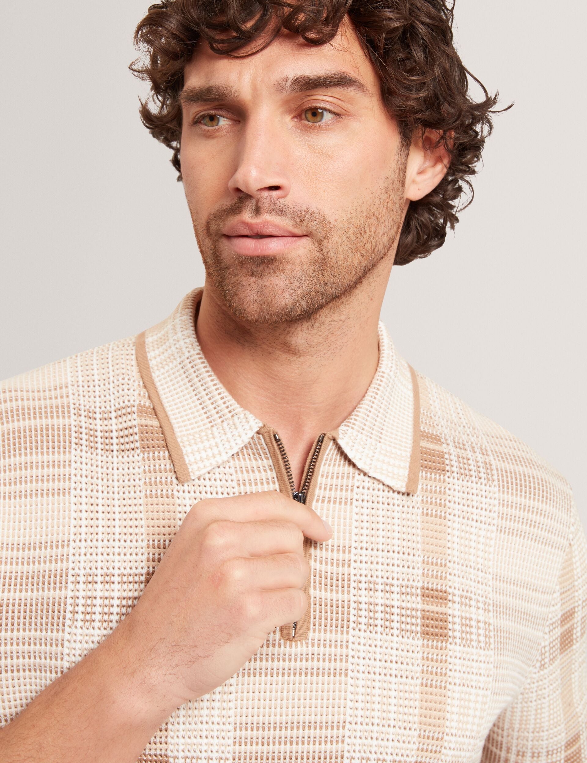 Ted Baker Halpirt Checked Zip Neck Cotton Knit Polo