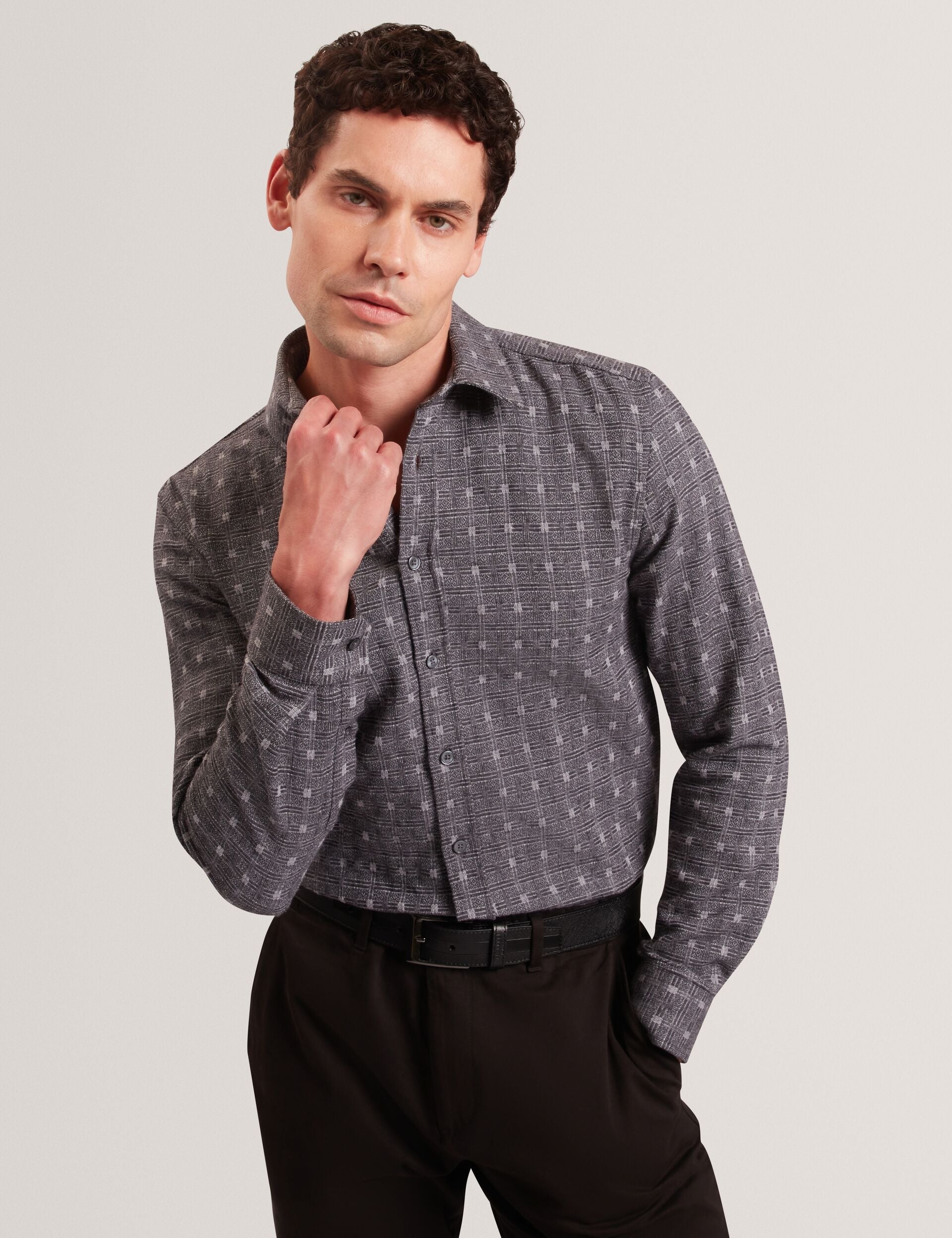 Ted Baker Vyser Jacquard Check Woven Long Sleeve Shirt