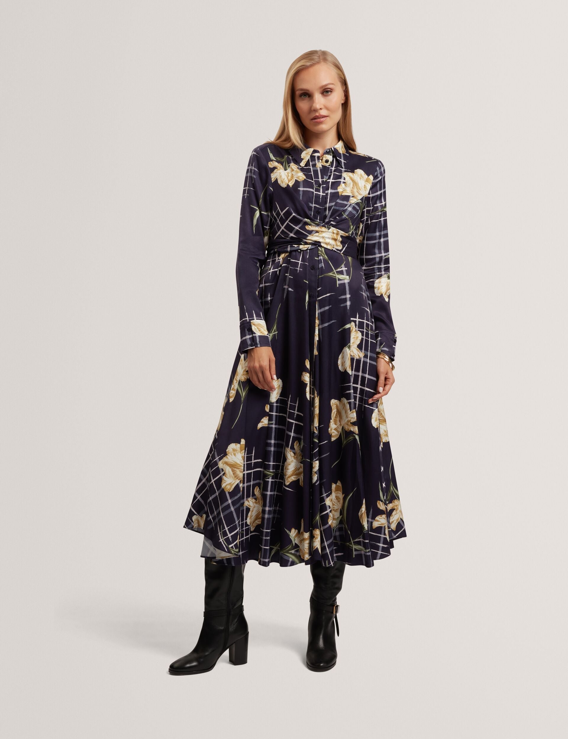 Ted Baker Maylia Floral Check Wrap Front Shirt Dress Women's