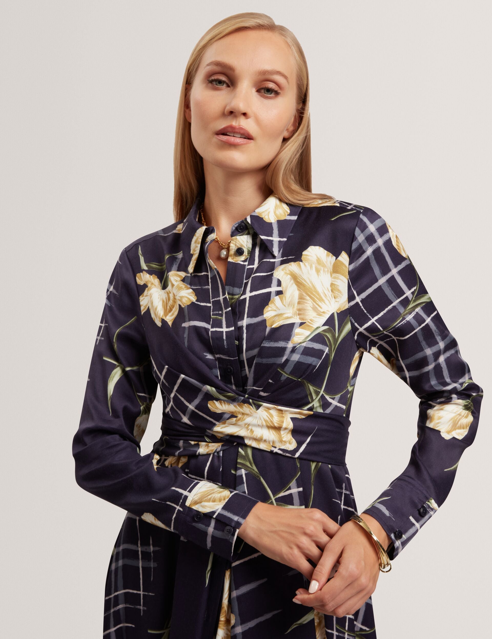Ted Baker Maylia Floral Check Wrap Front Shirt Dress Women's