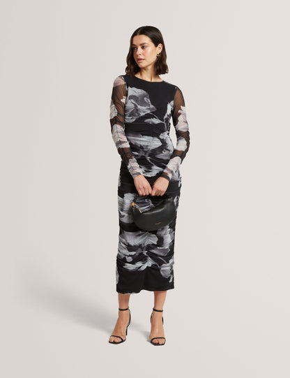 Ted Baker Arietty Dark Floral Ruched Mesh Bodycon Midi Dress Women's