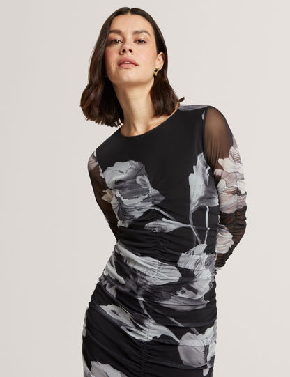 Ted Baker Arietty Dark Floral Ruched Mesh Bodycon Midi Dress Women's