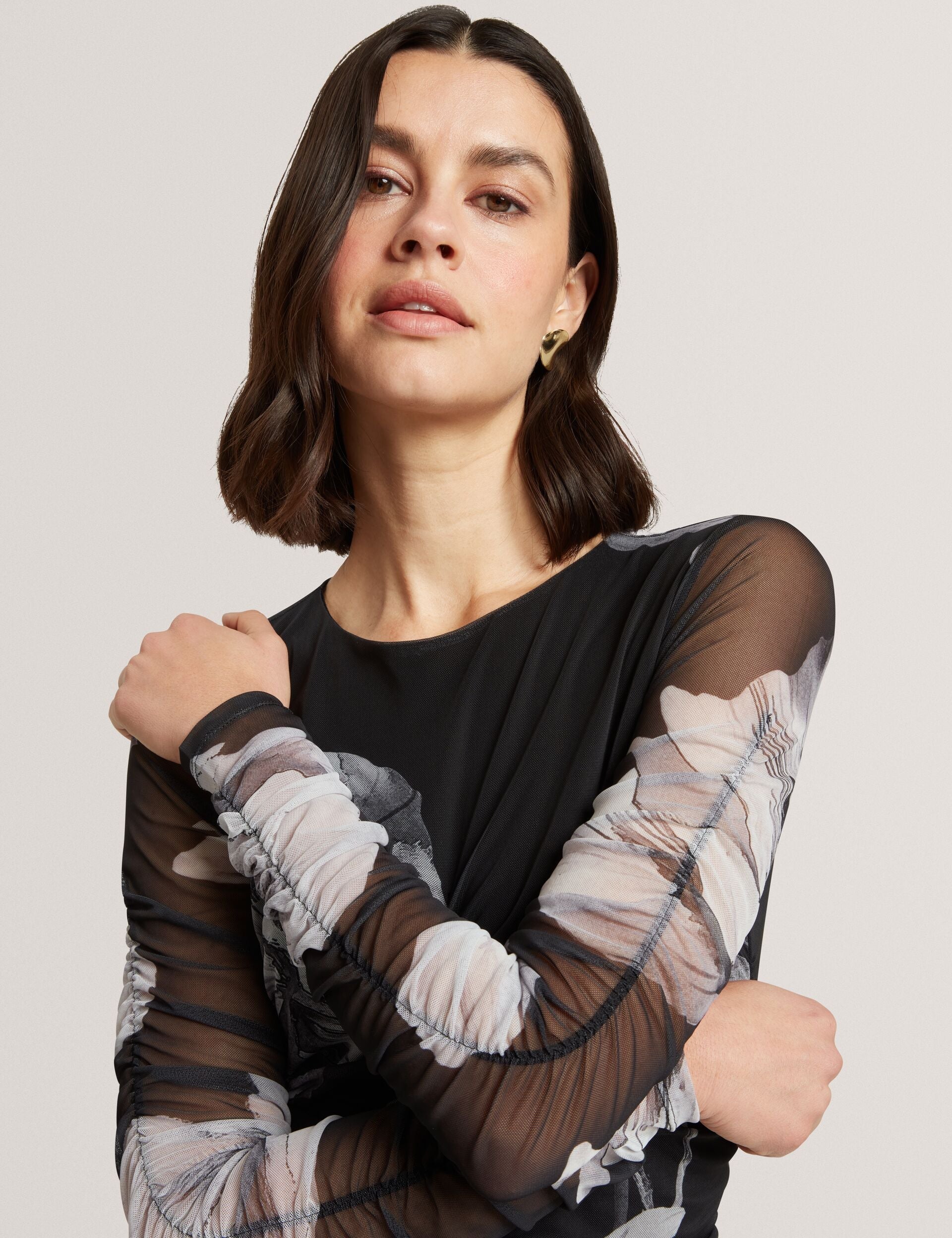 Ted Baker Arietty Dark Floral Ruched Mesh Bodycon Midi Dress Women's