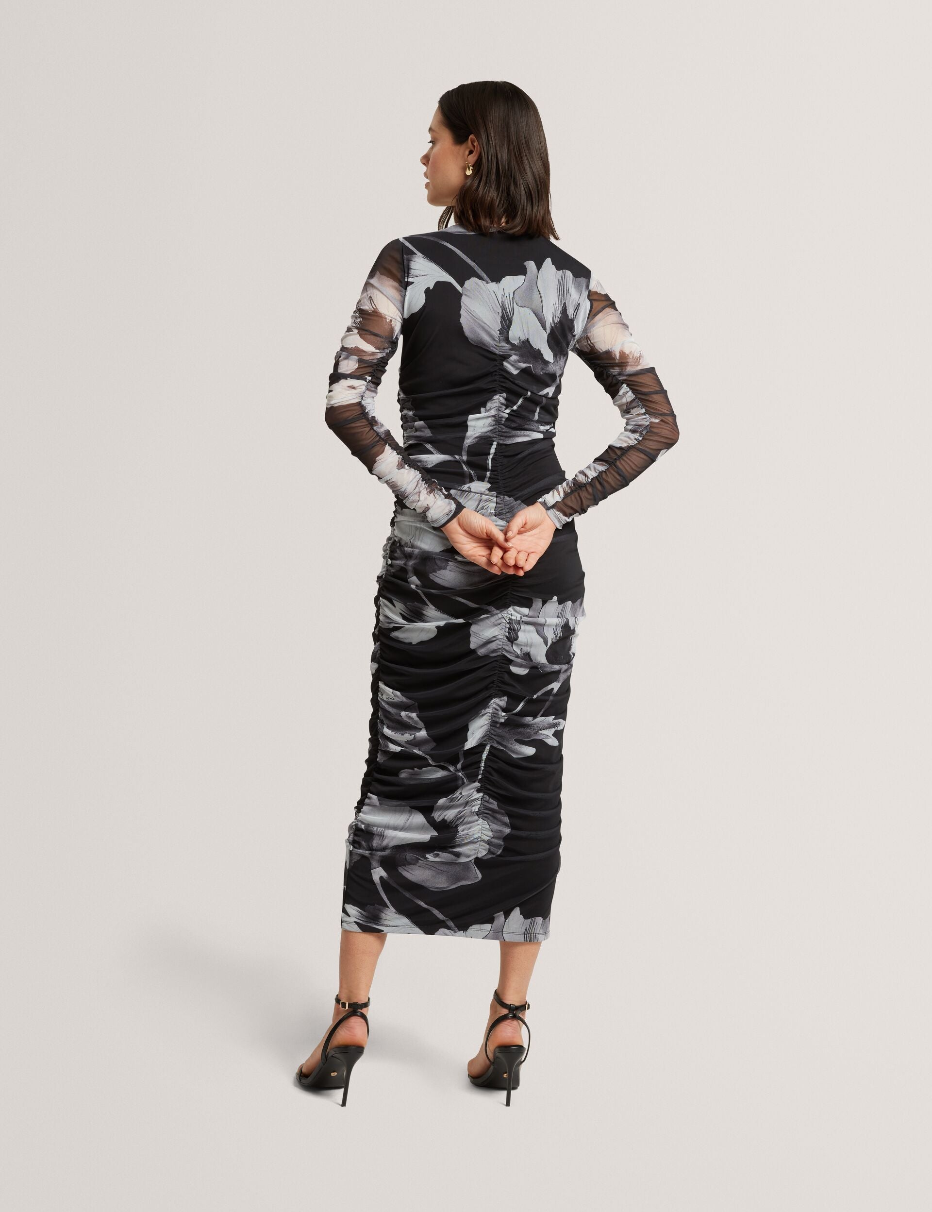 Ted Baker Arietty Dark Floral Ruched Mesh Bodycon Midi Dress Women's –  Kicks Machine