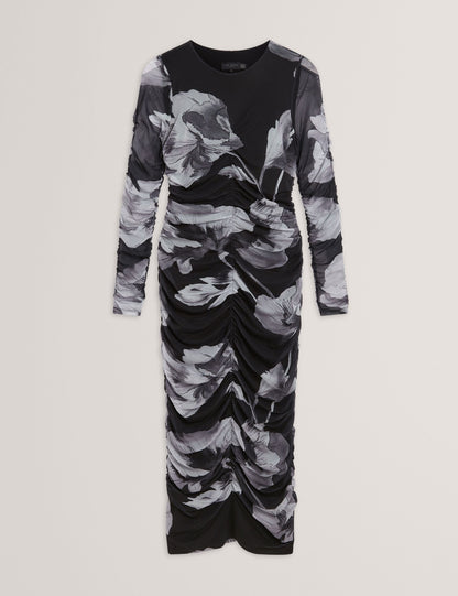 Ted Baker Arietty Dark Floral Ruched Mesh Bodycon Midi Dress Women's