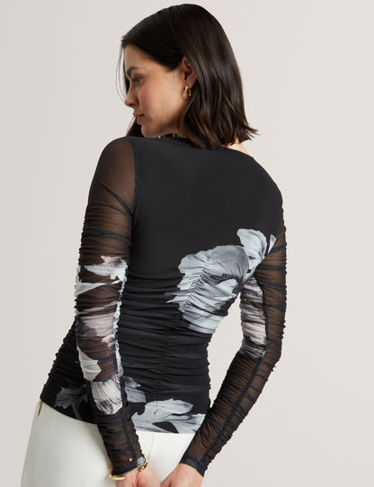Ted Baker Ikena Dark Floral Ruched Mesh Long Sleeve Top Women's