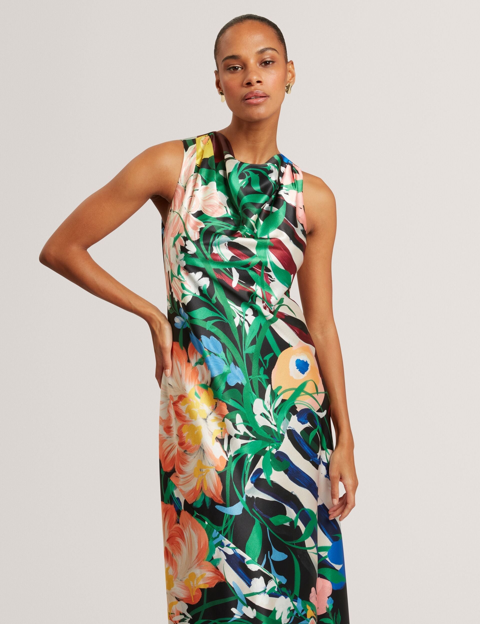 Ted Baker Ehlanor Bold Floral Satin Drape Neck Midi Dress Women's