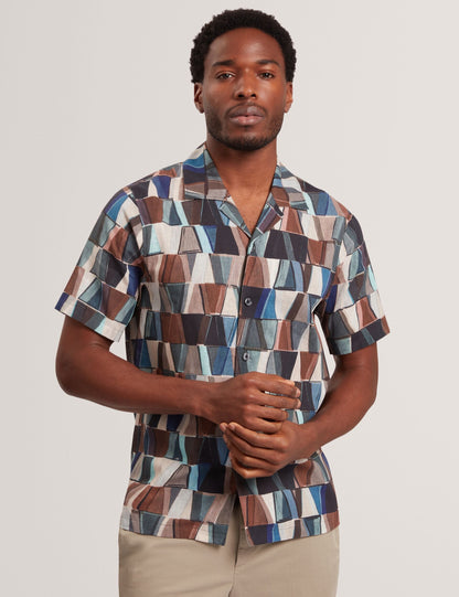 Ted Baker Yarino Tile Print Cotton Linen Short Sleeve Shirt
