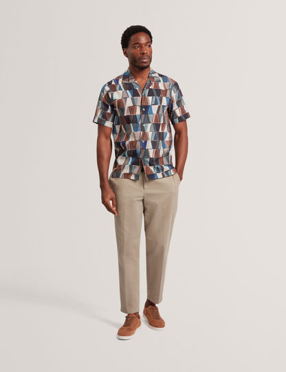 Ted Baker Yarino Tile Print Cotton Linen Short Sleeve Shirt