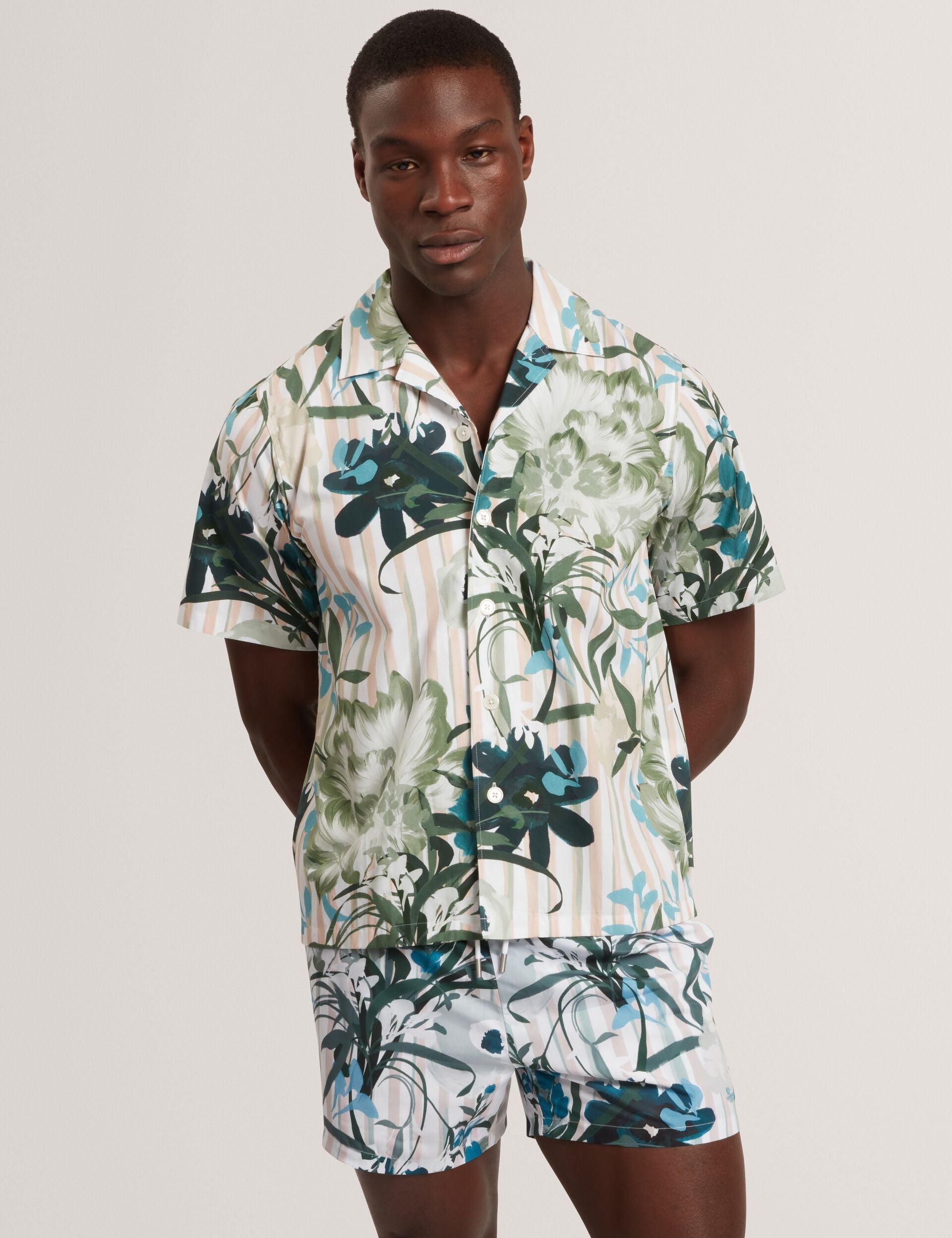 Ted Baker Anukis Floral Stripe Print Cotton Short Sleeve Shirt