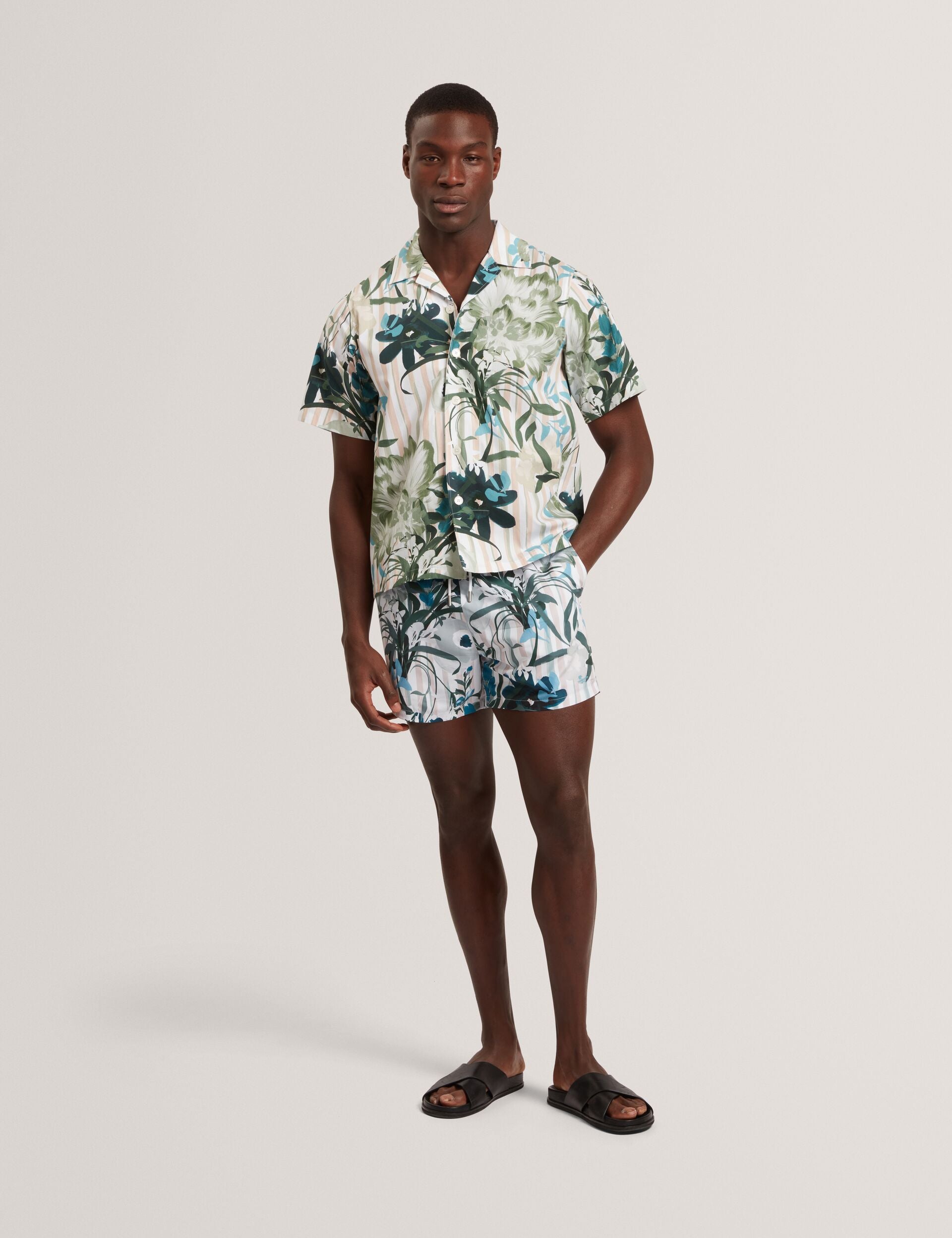 Ted Baker Anukis Floral Stripe Print Cotton Short Sleeve Shirt