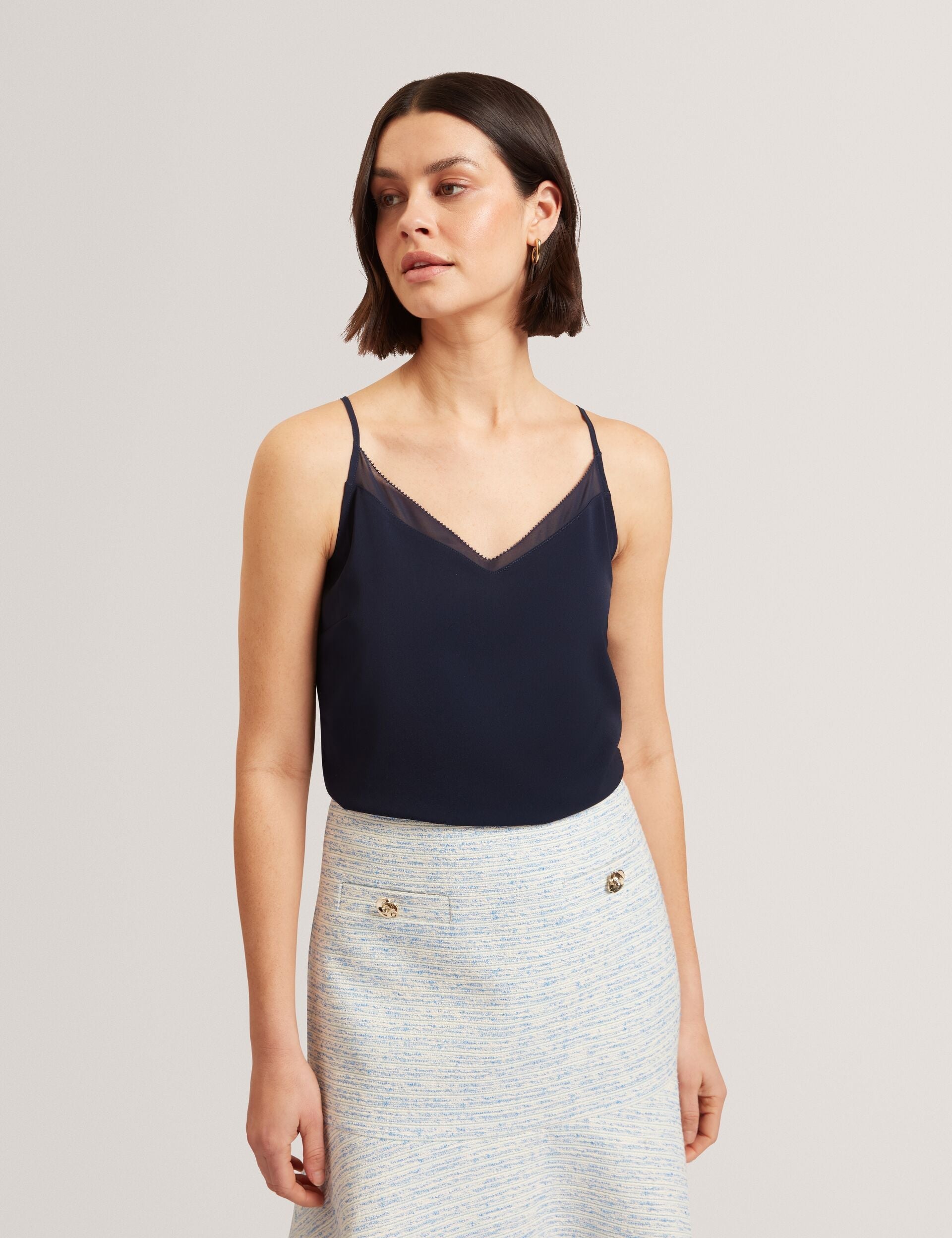 Ted Baker Lulea Chiffon Detail Vneck Strappy Cami Top In Navy Women's
