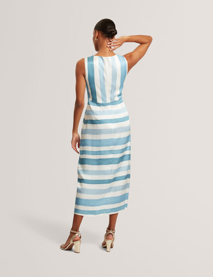 Ted Baker Kahya Blue Stripe Tie Front Sleeveless Midi Dress Women's