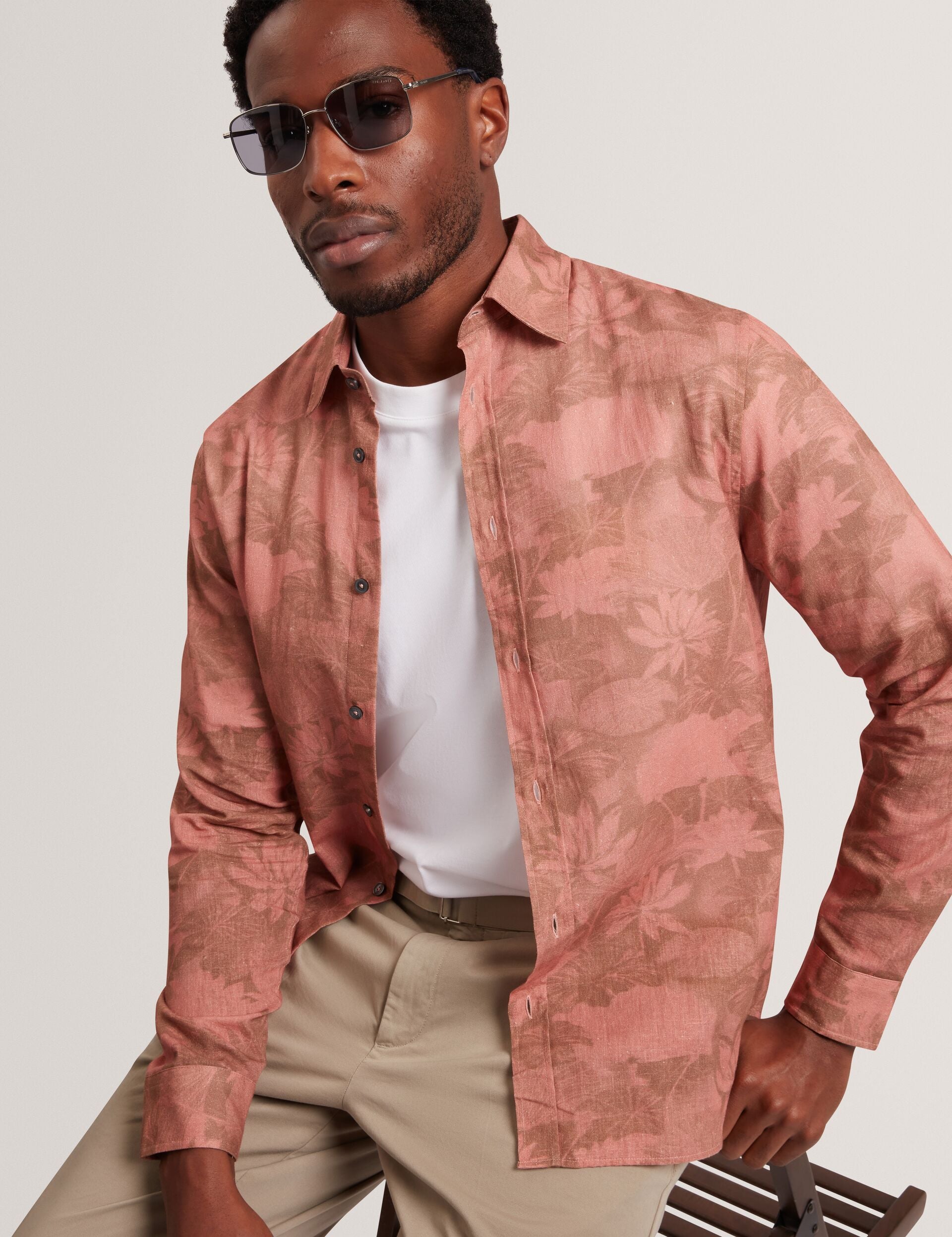 Ted Baker Oscarn Tonal Floral Linen Long Sleeve Shirt
