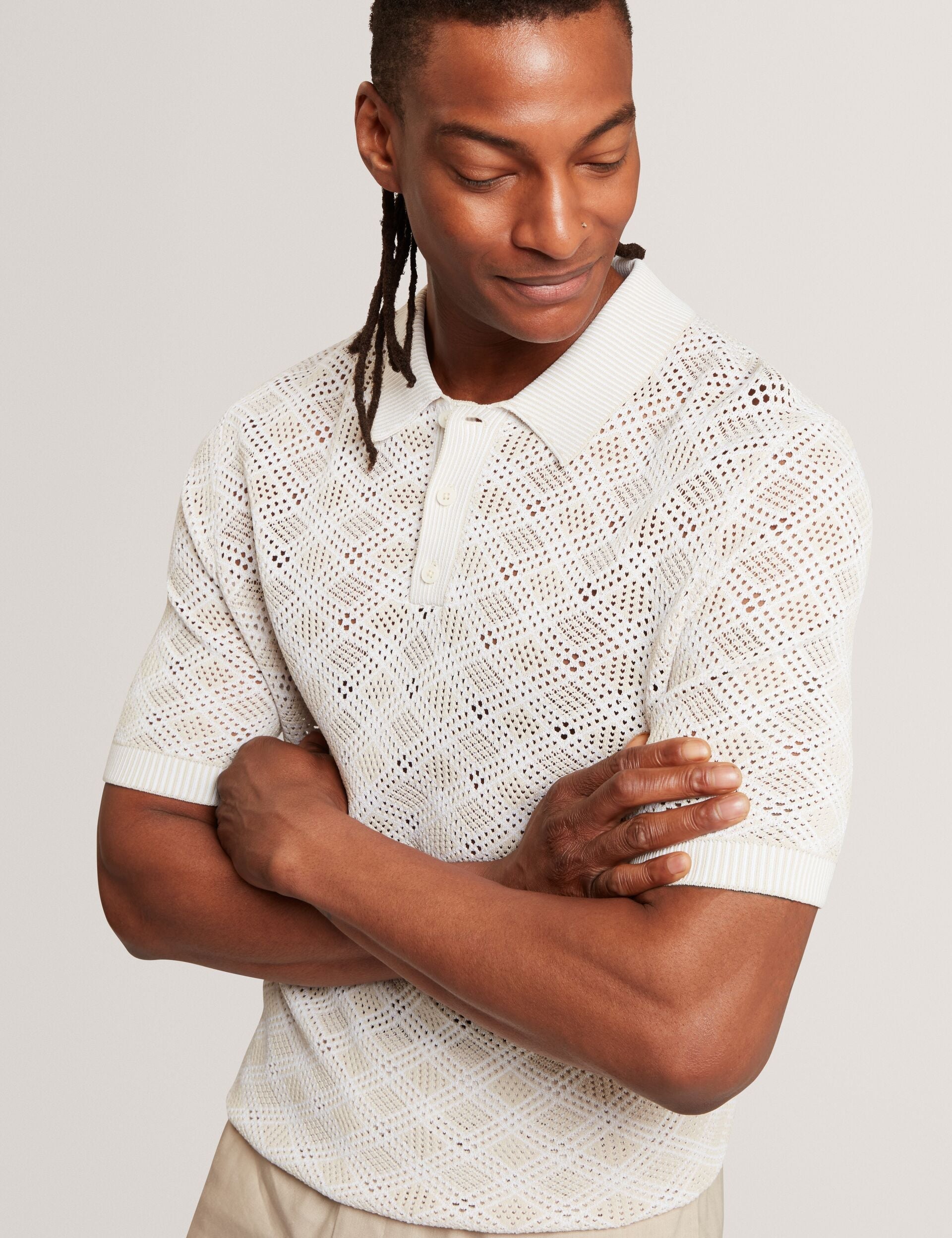Ted Baker Helme Geometric Open Knit Short Sleeve Polo