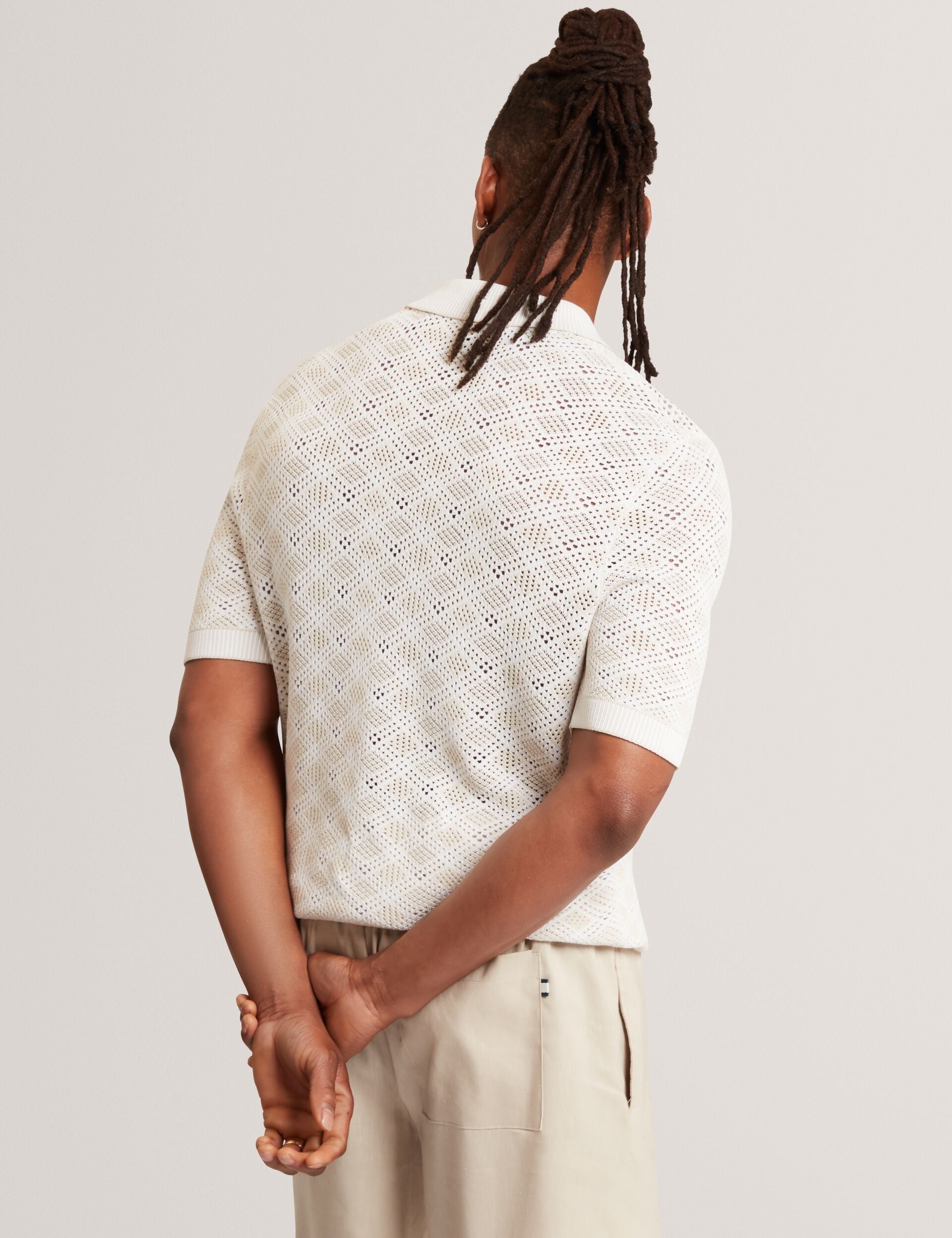 Ted Baker Helme Geometric Open Knit Short Sleeve Polo