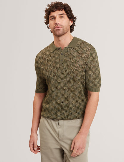 Ted Baker Helme Geometric Open Knit Short Sleeve Polo